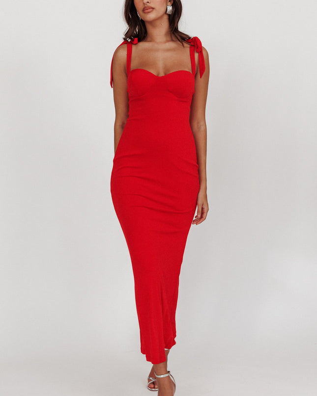Red Rose Garden Tied Shoulder Maxi Dress