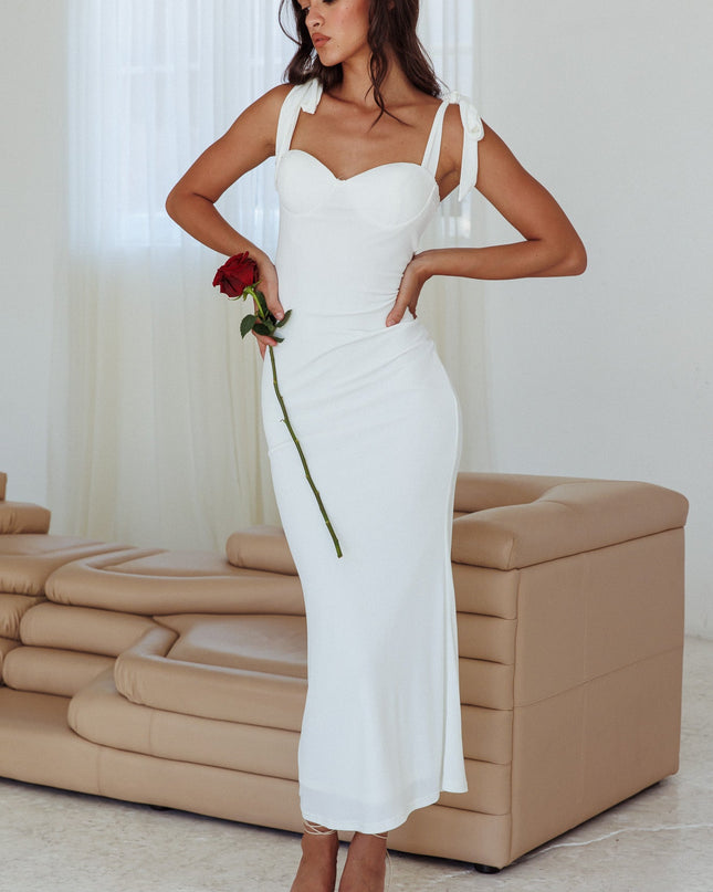 White Rose Garden Tied Shoulder Maxi Dress