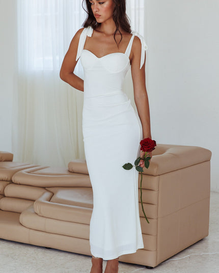 White Rose Garden Tied Shoulder Maxi Dress