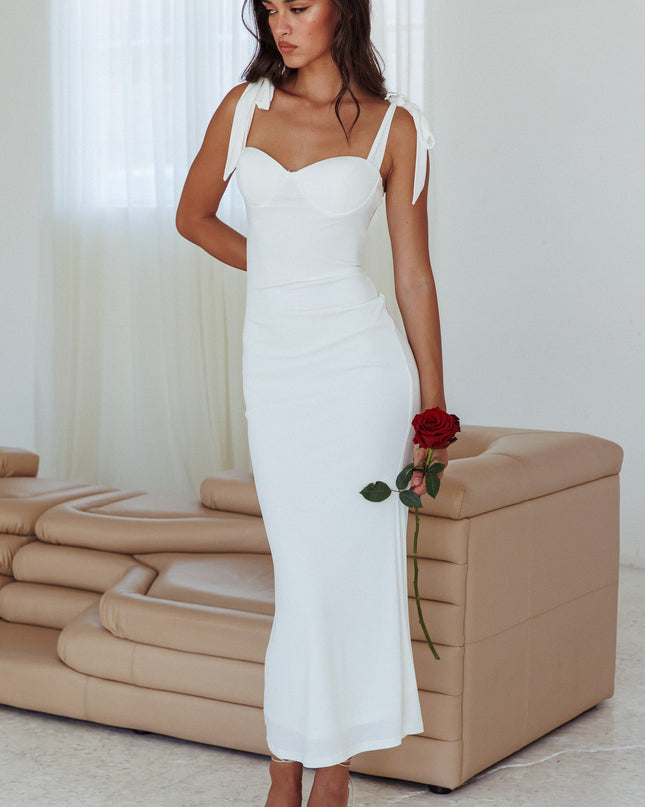 White Rose Garden Tied Shoulder Maxi Dress