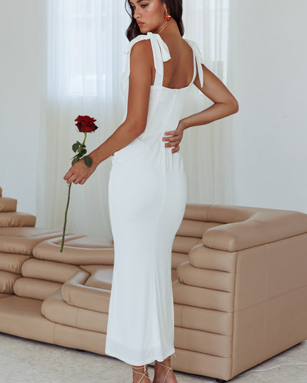 White Rose Garden Tied Shoulder Maxi Dress