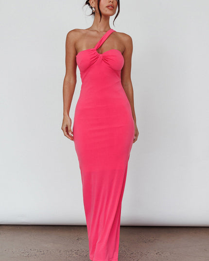 Hot Pink One-Shoulder Ruched Back Midi Dress