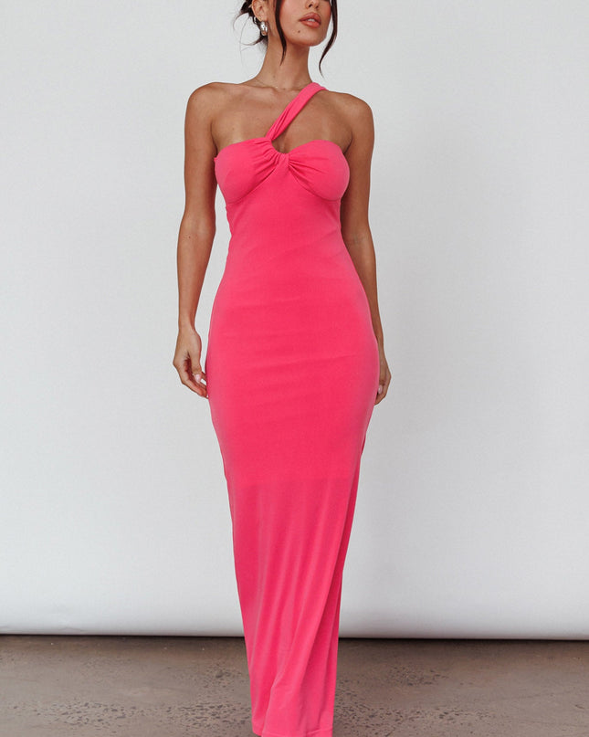 Hot Pink One-Shoulder Ruched Back Midi Dress