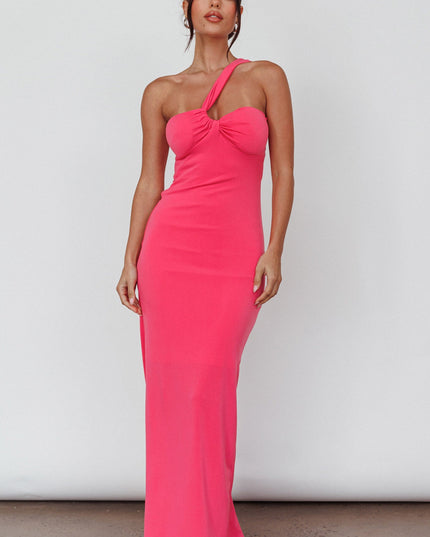 Hot Pink One-Shoulder Ruched Back Midi Dress