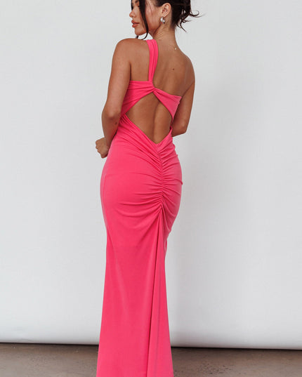 Hot Pink One-Shoulder Ruched Back Midi Dress
