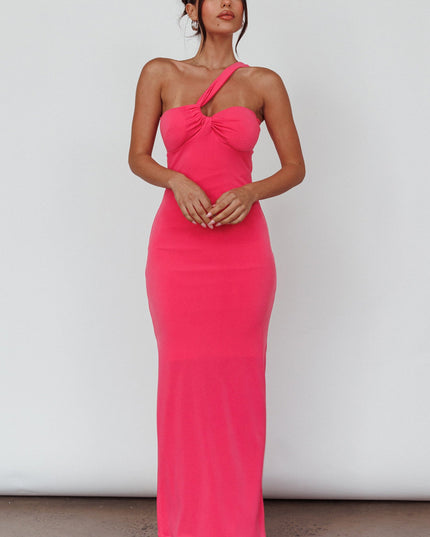 Hot Pink One-Shoulder Ruched Back Midi Dress
