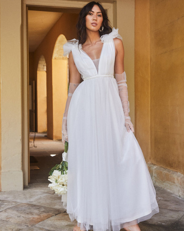 White Mesh Overlay Maxi Dress