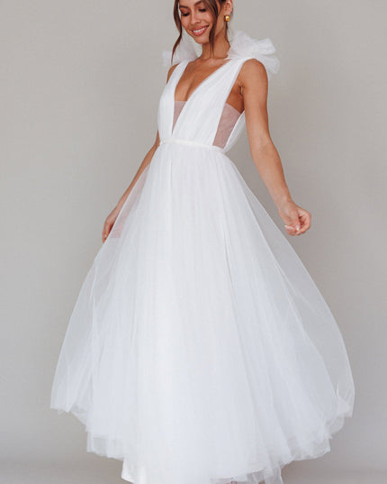 White Mesh Overlay Maxi Dress