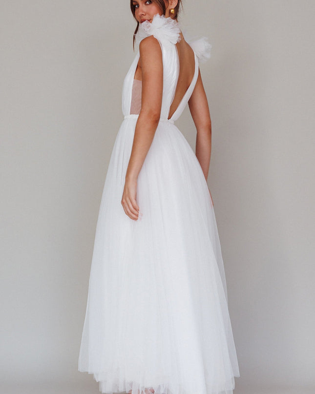 White Mesh Overlay Maxi Dress