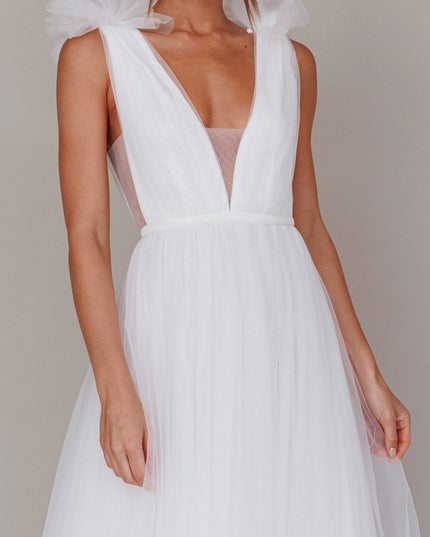 White Mesh Overlay Maxi Dress