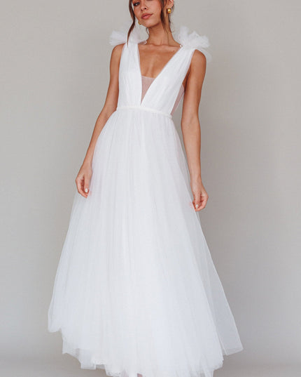White Mesh Overlay Maxi Dress