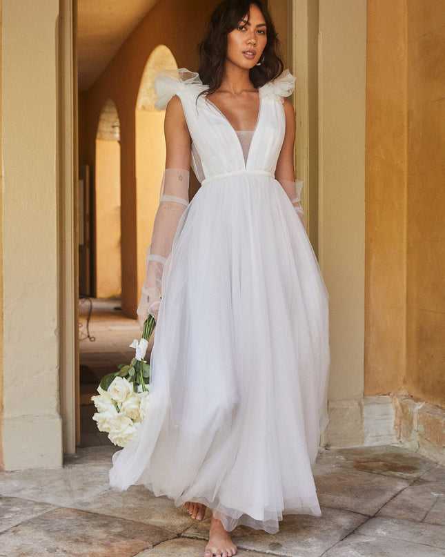 White Mesh Overlay Maxi Dress