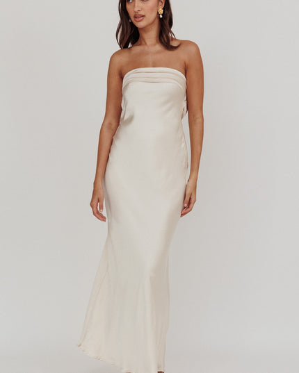 Champagne Strapless Pleated Bust Satin Maxi Dress