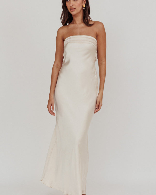 Champagne Strapless Pleated Bust Satin Maxi Dress
