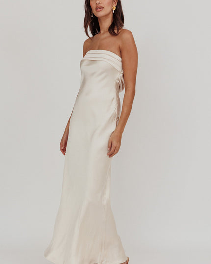 Champagne Strapless Pleated Bust Satin Maxi Dress
