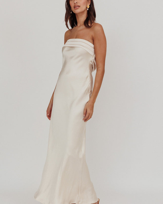 Champagne Strapless Pleated Bust Satin Maxi Dress