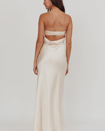 Champagne Strapless Pleated Bust Satin Maxi Dress