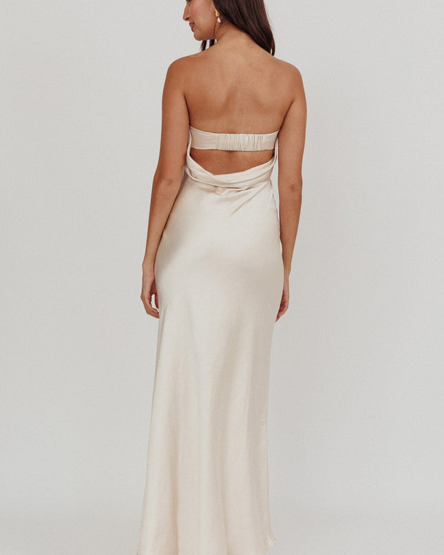 Champagne Strapless Pleated Bust Satin Maxi Dress
