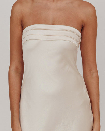 Champagne Strapless Pleated Bust Satin Maxi Dress