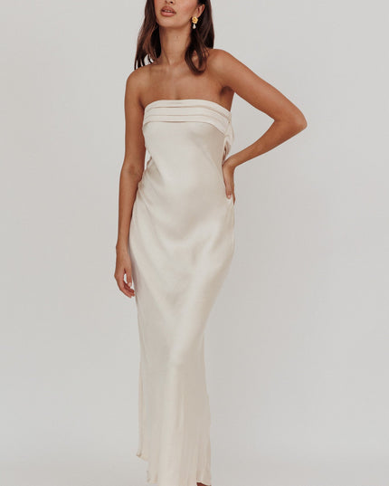 Champagne Strapless Pleated Bust Satin Maxi Dress