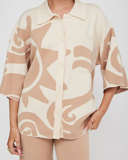 Button Up Knit Shirt Sand Wood
