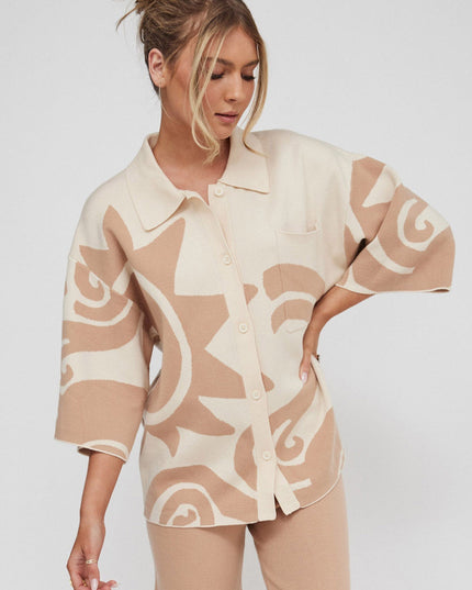 Button Up Knit Shirt Sand Wood