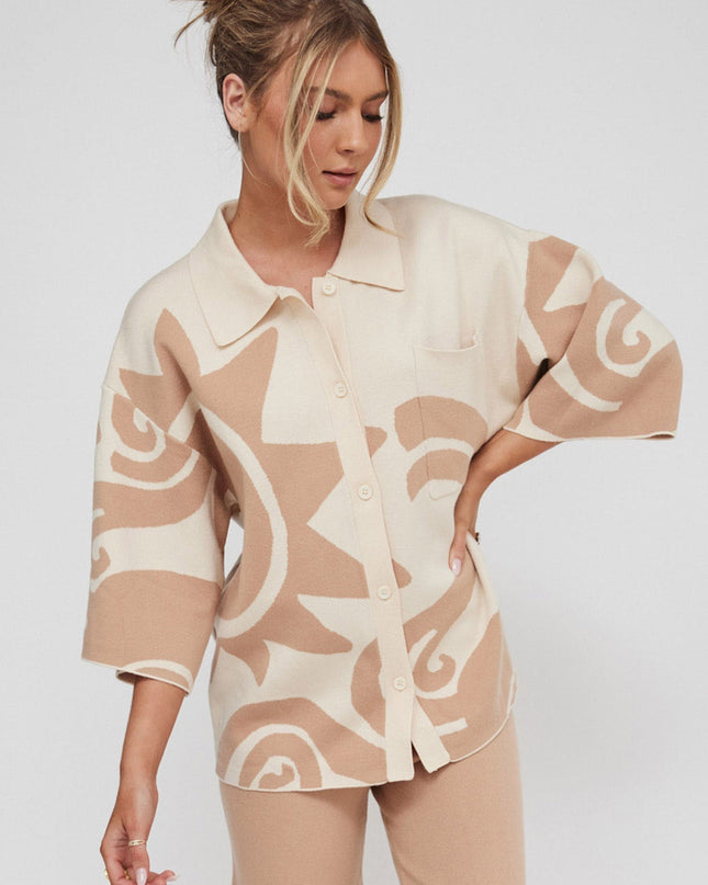 Button Up Knit Shirt Sand Wood