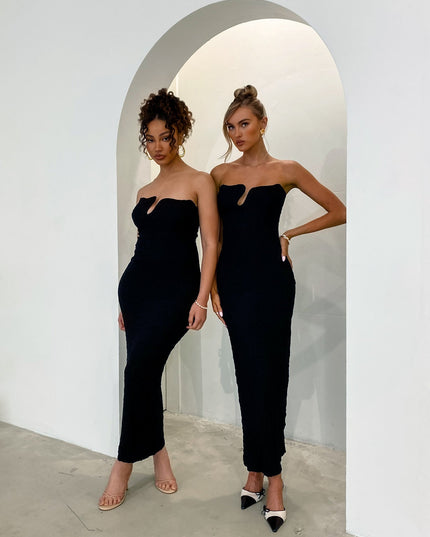 Black Strapless Textured Midi Dress