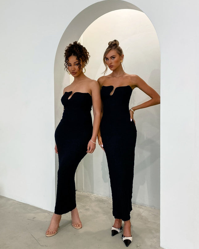 Black Strapless Textured Midi Dress