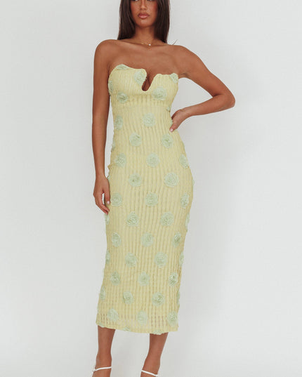 Green Strapless Textured Floral Midi Dress