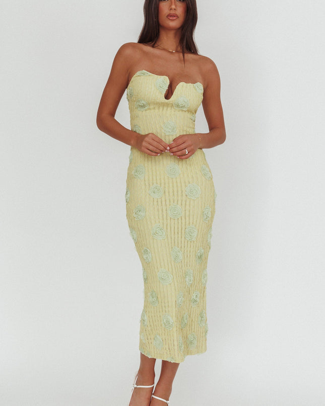 Green Strapless Textured Floral Midi Dress