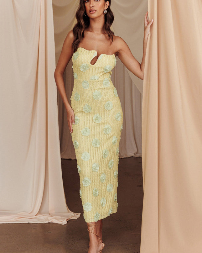 Green Strapless Textured Floral Midi Dress