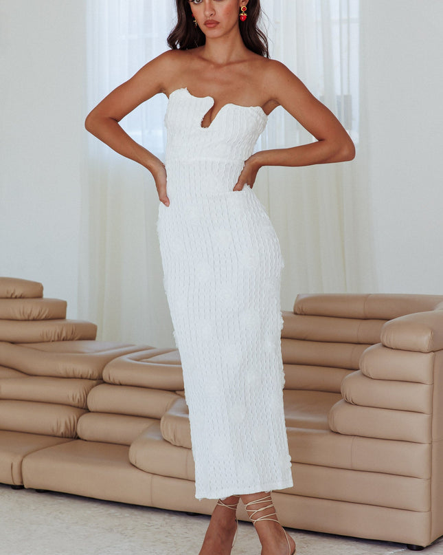 White Strapless Textured Floral Midi Dress