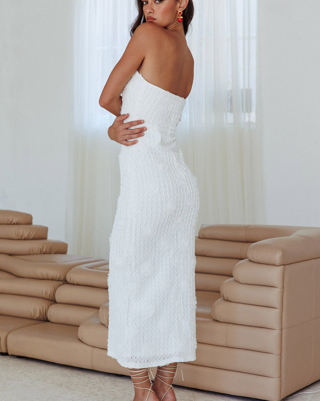 White Strapless Textured Floral Midi Dress