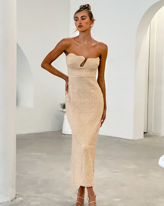 Nude Strapless Textured Midi Dress