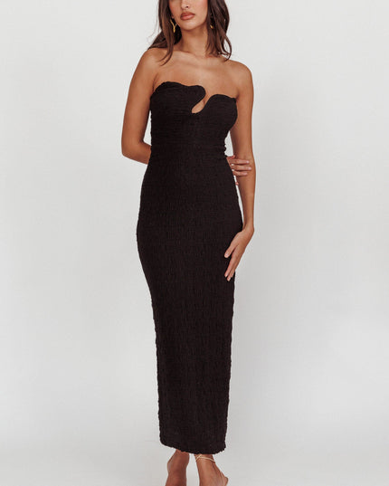 Black Strapless Textured Midi Dress