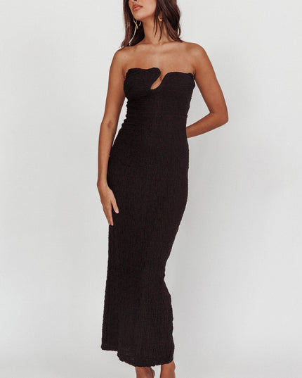 Black Strapless Textured Midi Dress