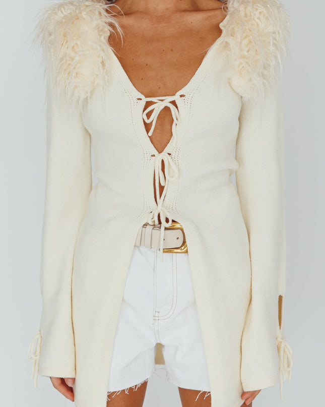 Cream Tied Front Fur Longline Top