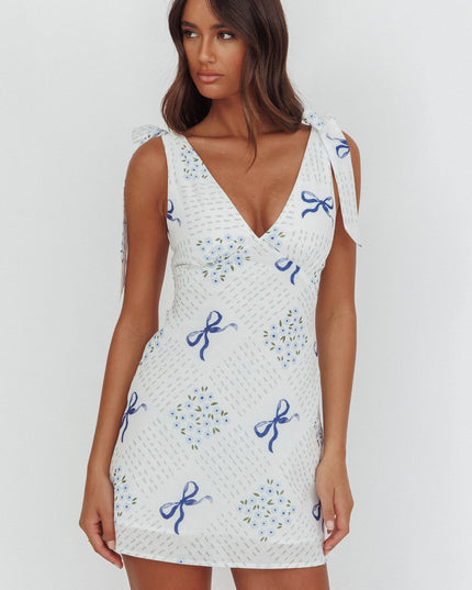 Blue Tied Shoulder Mini Dress Bows