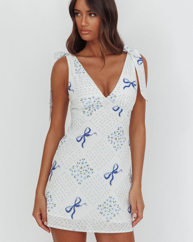 Blue Tied Shoulder Mini Dress Bows