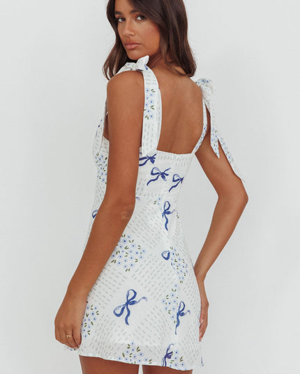 Blue Tied Shoulder Mini Dress Bows