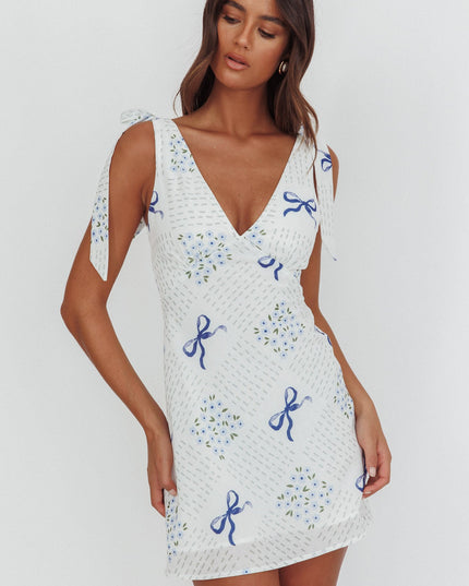 Blue Tied Shoulder Mini Dress Bows