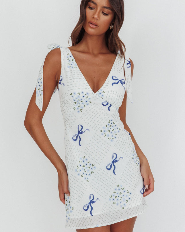 Blue Tied Shoulder Mini Dress Bows