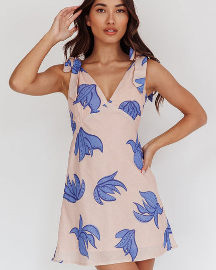 Beige Tied Shoulder Mini Dress Plant Print