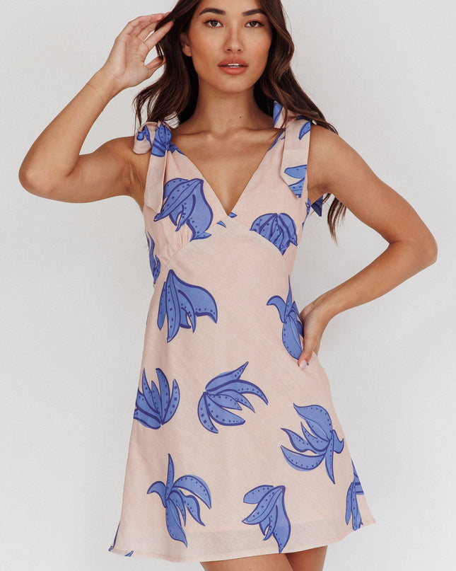 Beige Tied Shoulder Mini Dress Plant Print