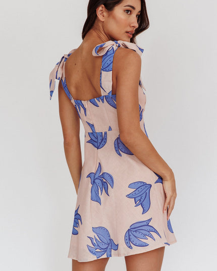 Beige Tied Shoulder Mini Dress Plant Print