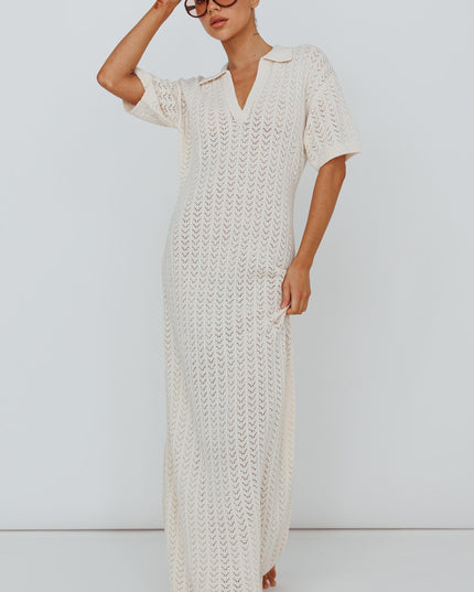 White Crochet Short Sleeve Maxi Dress