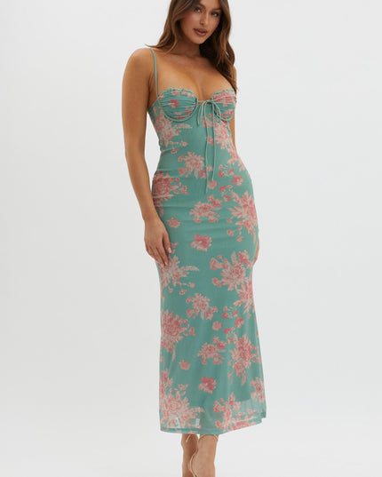 Green Lace Trim Mesh Midi Dress