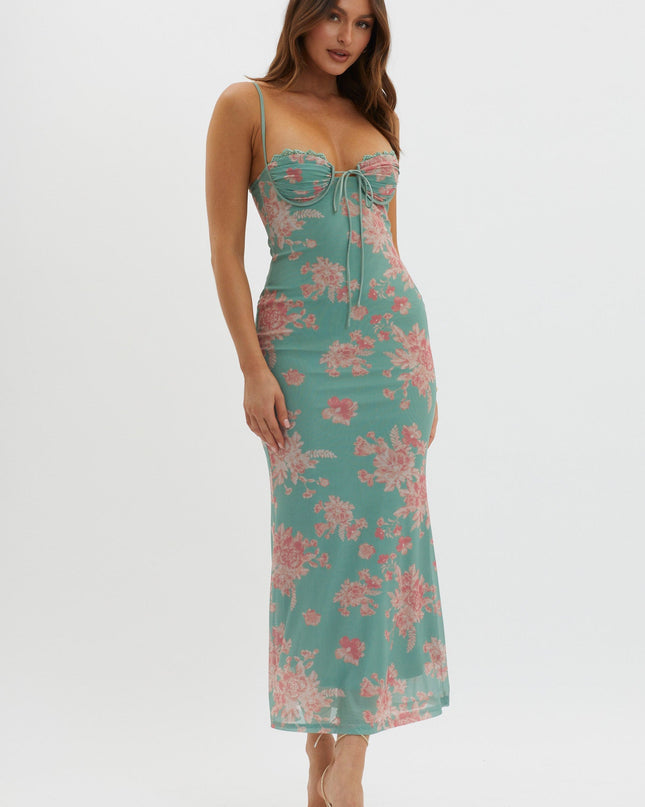 Green Lace Trim Mesh Midi Dress
