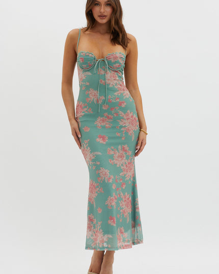 Green Lace Trim Mesh Midi Dress